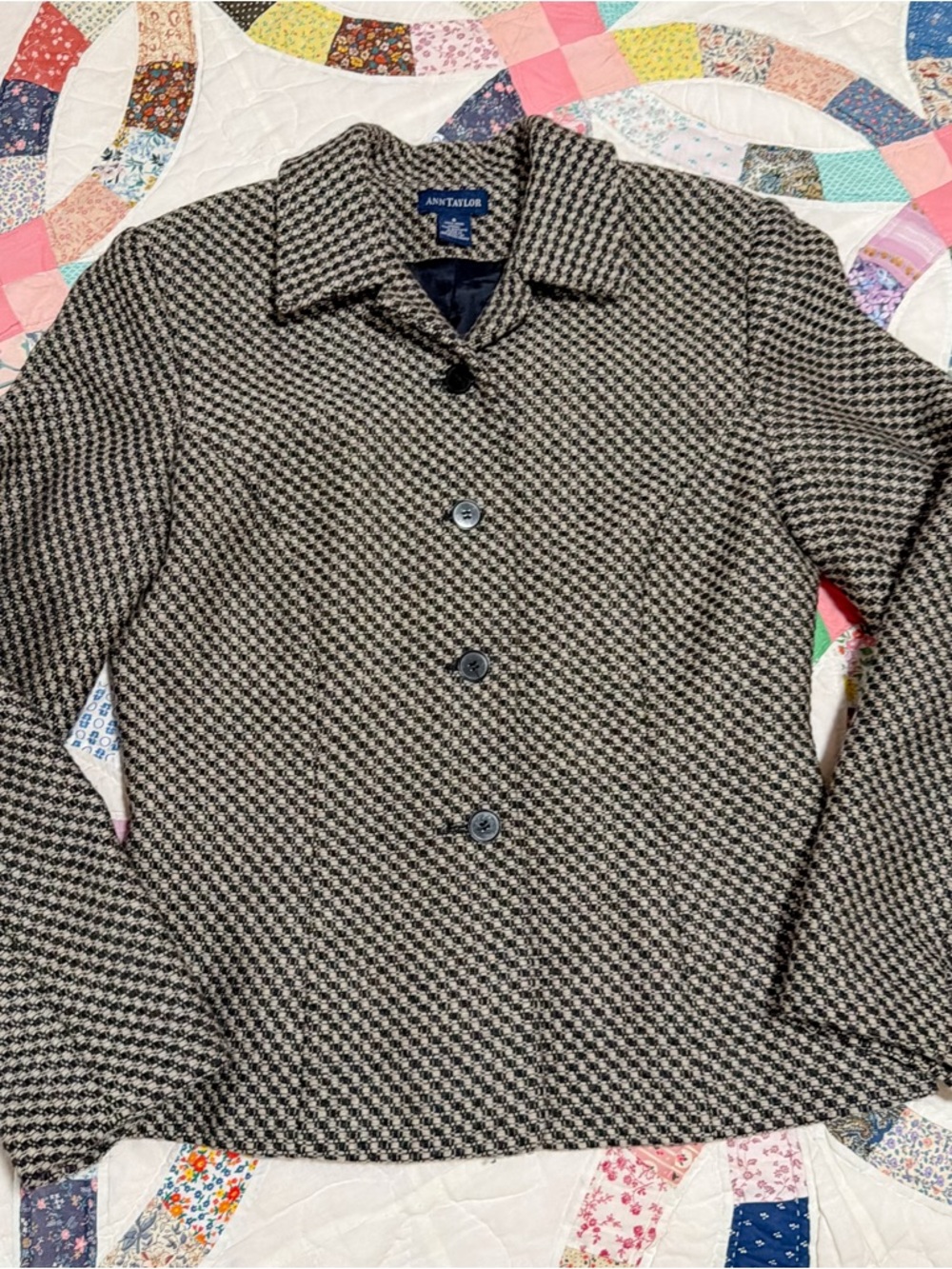 Ann Taylor Black and Cream Houndstooth Wool Blend Coat